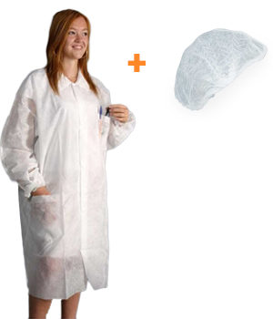 Bata de Proteção + Touca Descartáveis Branco 5un